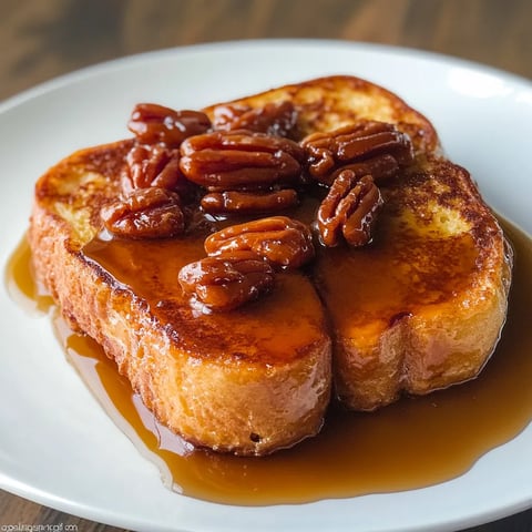 Warm French toast topped with caramel, pecans, and crispy bacon on a plate.