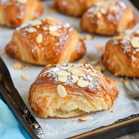 Platter of flaky croissants with sliced almonds sprinkled on top.
