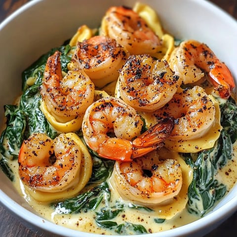 A bowl of shrimp and creamy tortellini.
