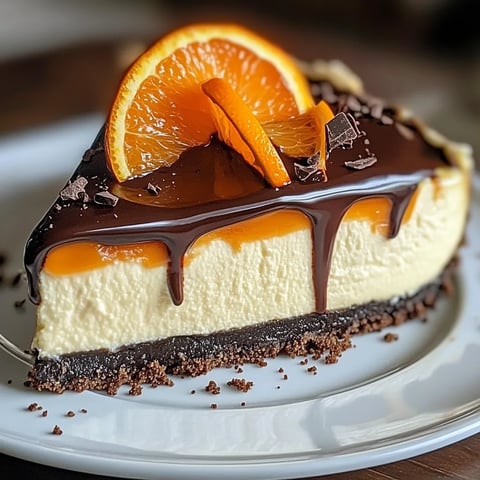 A cheesecake slice with chocolate topping and orange garnish.