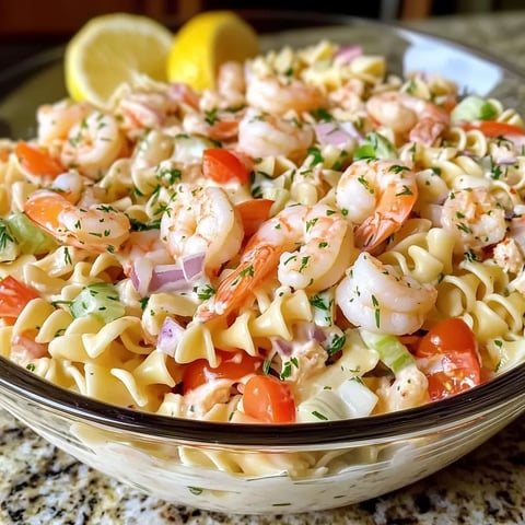 Bowl filled with cold crab and shrimp pasta.