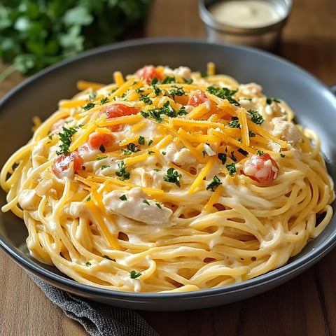 Cheesy pasta bowl with red tomatoes.