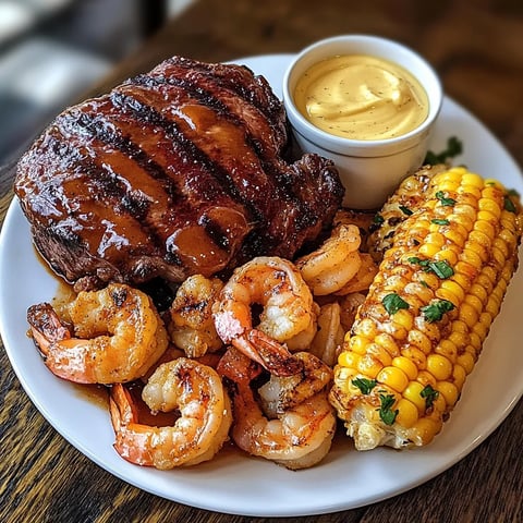 A dish with shrimp, corn, and buttery sauce on a plate.