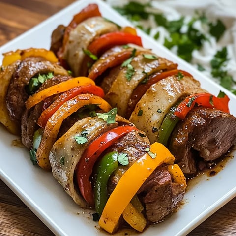 A dish with beef wraps, peppers, and onions.