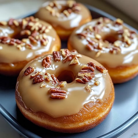 Donuts topped with pecans on a plate.