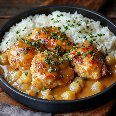 Plate with rice and chicken covered in creamy gravy.