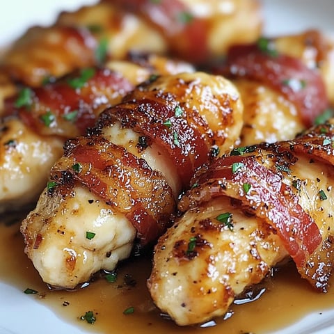 Chicken tenders wrapped in bacon with sauce.