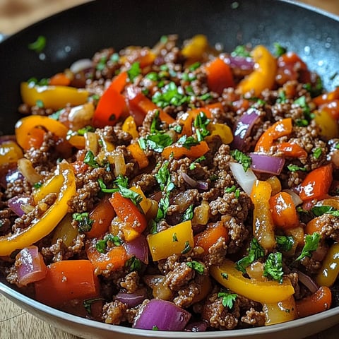 A colorful bowl with meat, peppers, and onions.