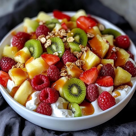A colorful fruit bowl topped with yogurt.