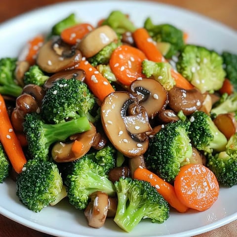 A plate of vegetables including broccoli, carrots, and mushrooms.